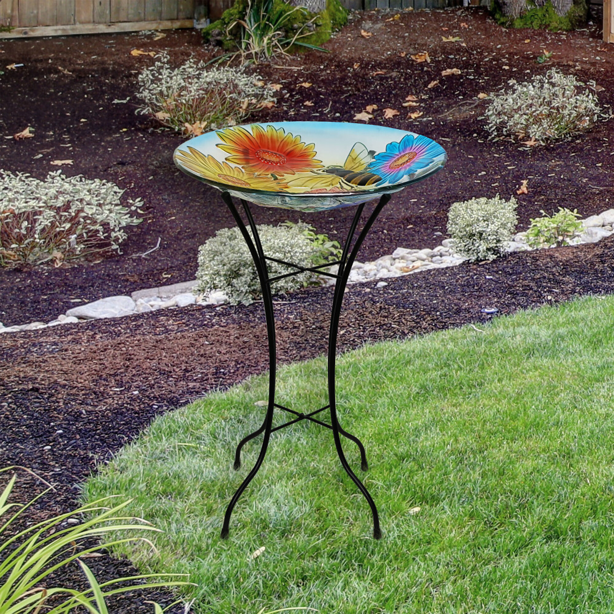 Alpine Corporation, Glass Birdbath w/ Flowers Bee w/ Metal Stand,18in., Model# KBD124A-18